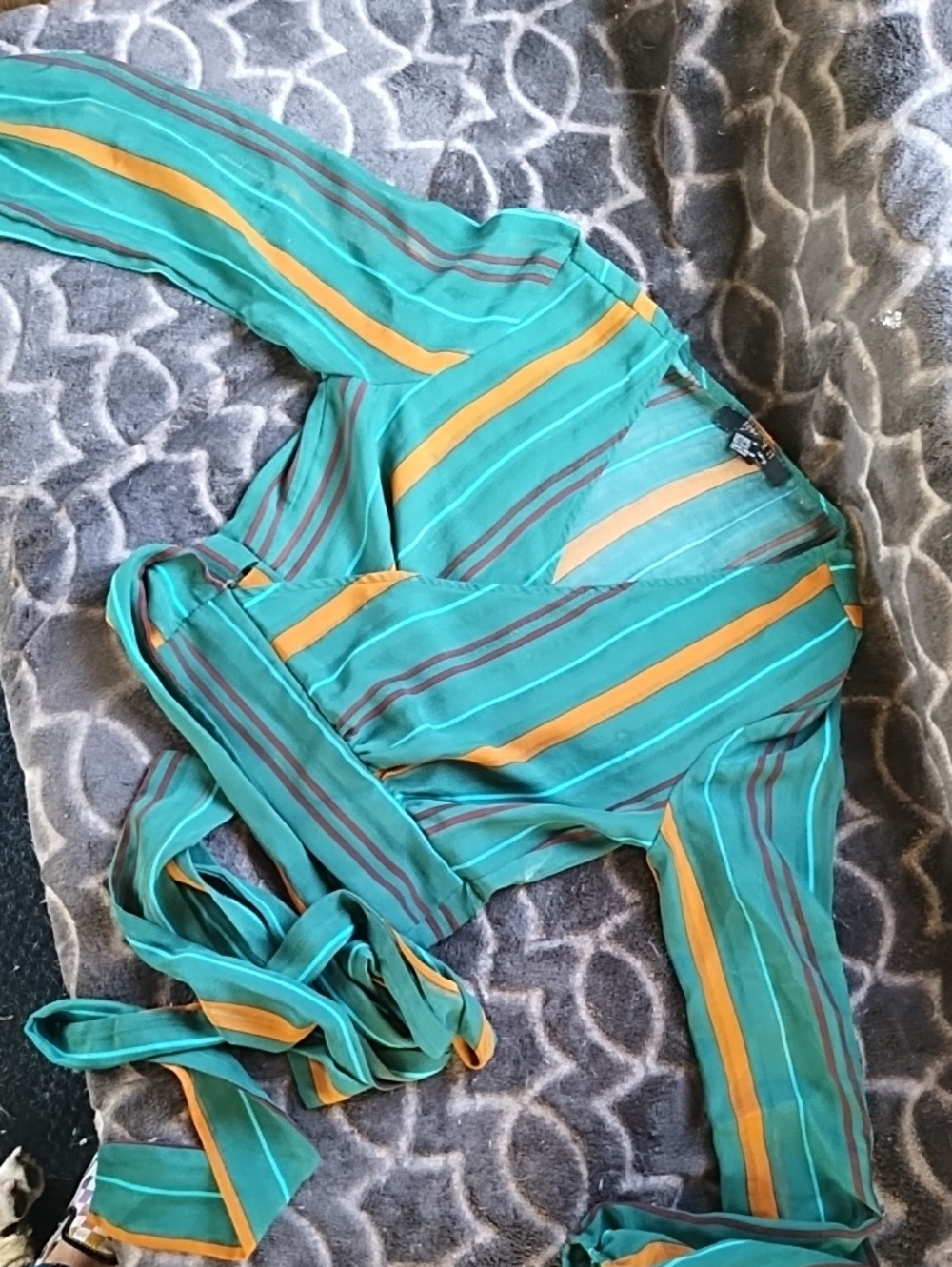 Striped Forever 21 Teal Wrap Blouse with Gold and Gray Stripes